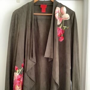V CHRISTINA FAUX SUEDE MOSS EMBROIDERED LONG SLEEVE WOMAN CARDIGAN/JACKET SIZE L